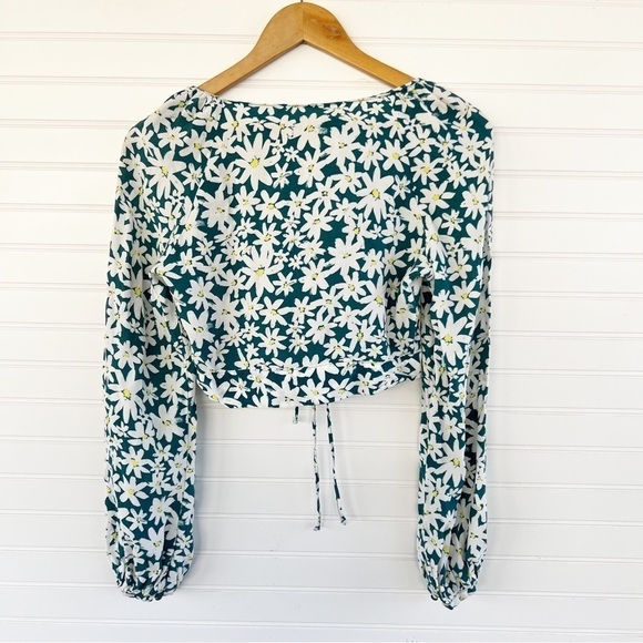 Zara Daisy Print Long Sleeve Crop Top Floral Teal Yellow Size M Button Front - Picture 5 of 11